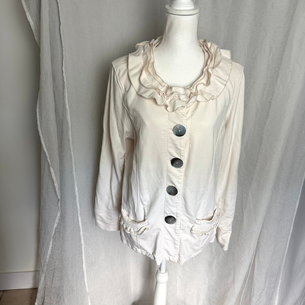Neon Buddha Smock Cardigan Jacket Women XL Cream Ruffle Button Knit Artsy Boho